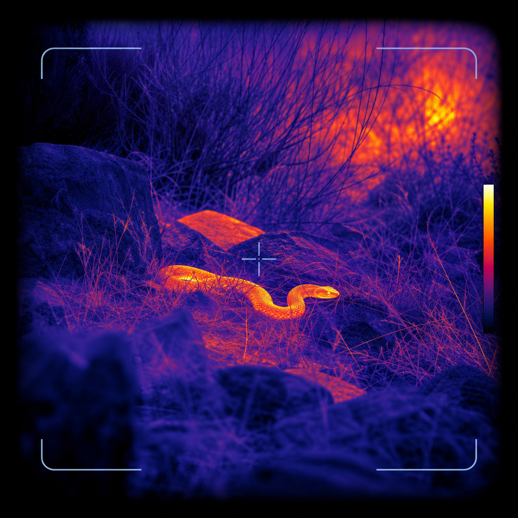 Thermal image of a snake camouflaged in dry grass and rocks