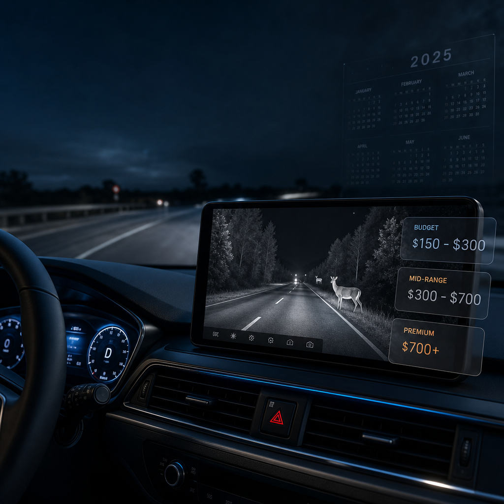 Car dashboard showing night vision camera with pricing options for different service plans