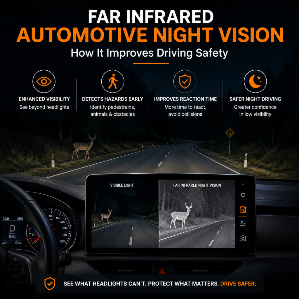 Far infrared automotive night vision display detecting a pedestrian in low light while driving safety improves