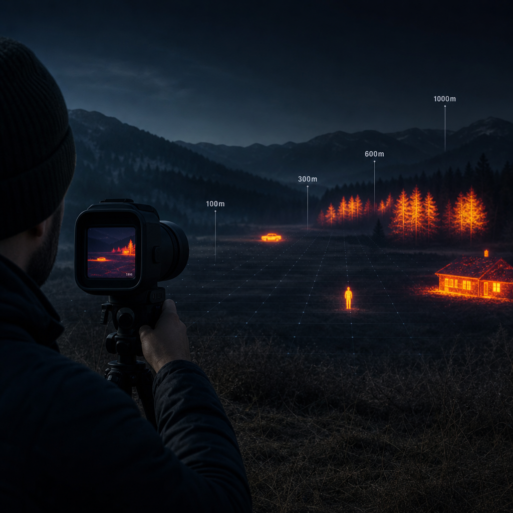 Thermal camera view of people, trees, and buildings glowing at night in a forest.