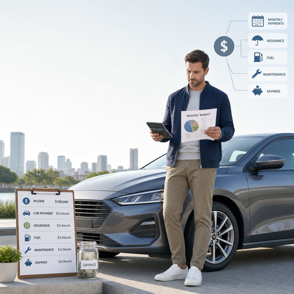 Man with a budget chart beside a modern car showing car affordability expense categories