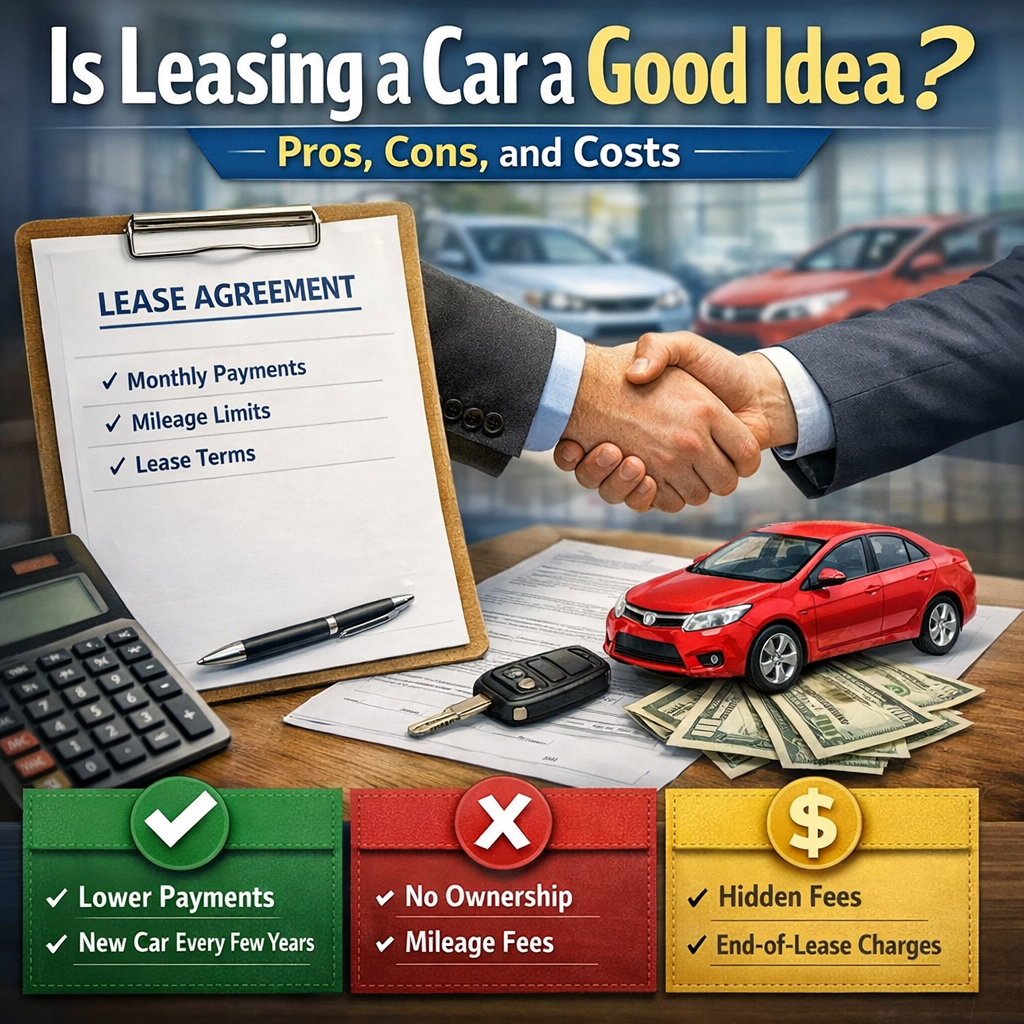 Infographic on car leasing pros, cons, and costs, covering payments, ownership, and fees.