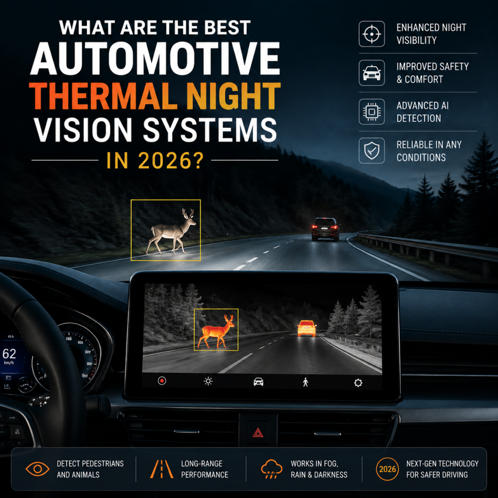 automotive thermal night vision systems - Car dashboard display showing thermal night vision view of a road at night