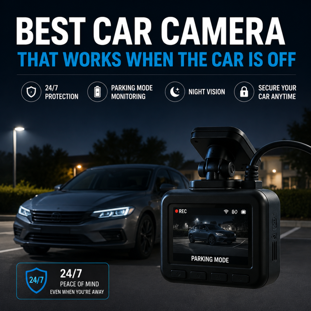 Parking mode dash cam providing 24/7 car surveillance with night vision and off-car monitoring