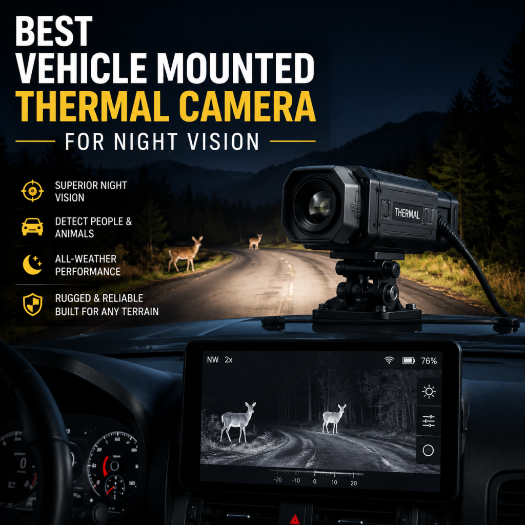 Vehicle-mounted thermal camera on a car detecting people and animals at night in all weather