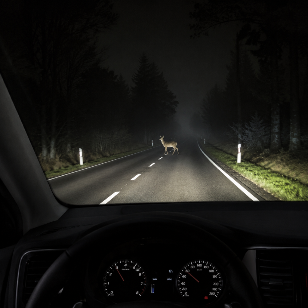 Deer crossing a dark rural road at night, viewed from a car dashboard with vehicle thermal imaging.