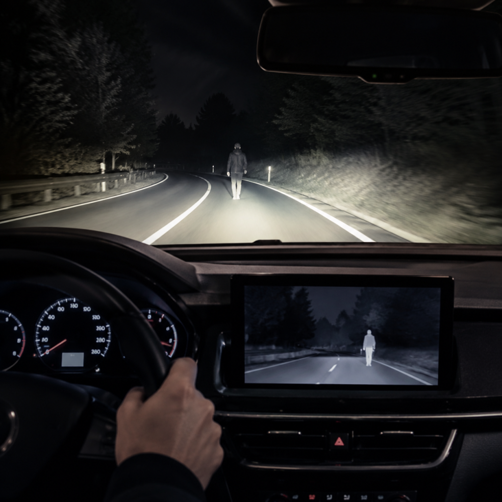 Car night vision display showing a pedestrian on a dark road at night
