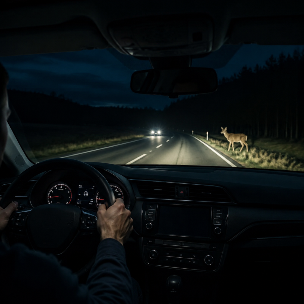 Deer on a dark rural road at night, lit by headlights