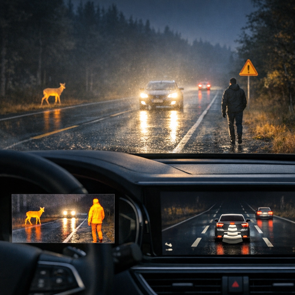 Car headlights illuminating a deer and pedestrian on a rainy road at night with ADAS display. (Incomplete: max_output_tokens)