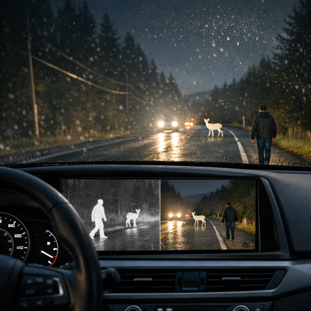 Thermal camera view of a pedestrian and deer at night for vehicle thermal imaging and night driving safety
