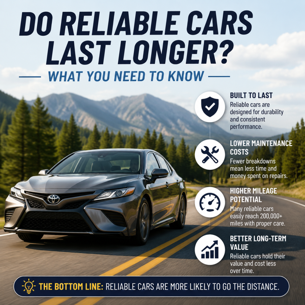 Infographic showing reliable cars offer durability, lower maintenance, higher mileage, and better long-term value
