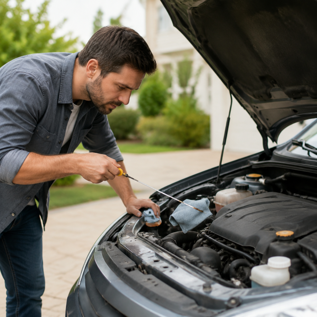 Man checking the oil level of a car engine with the hood open outdoors for daily car maintenance.
