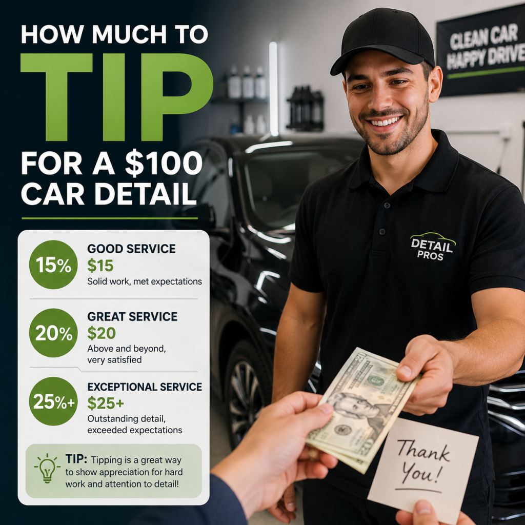 Illustration of a car detailer cleaning a car, for a guide on how much to tip for a $100 car detail.
