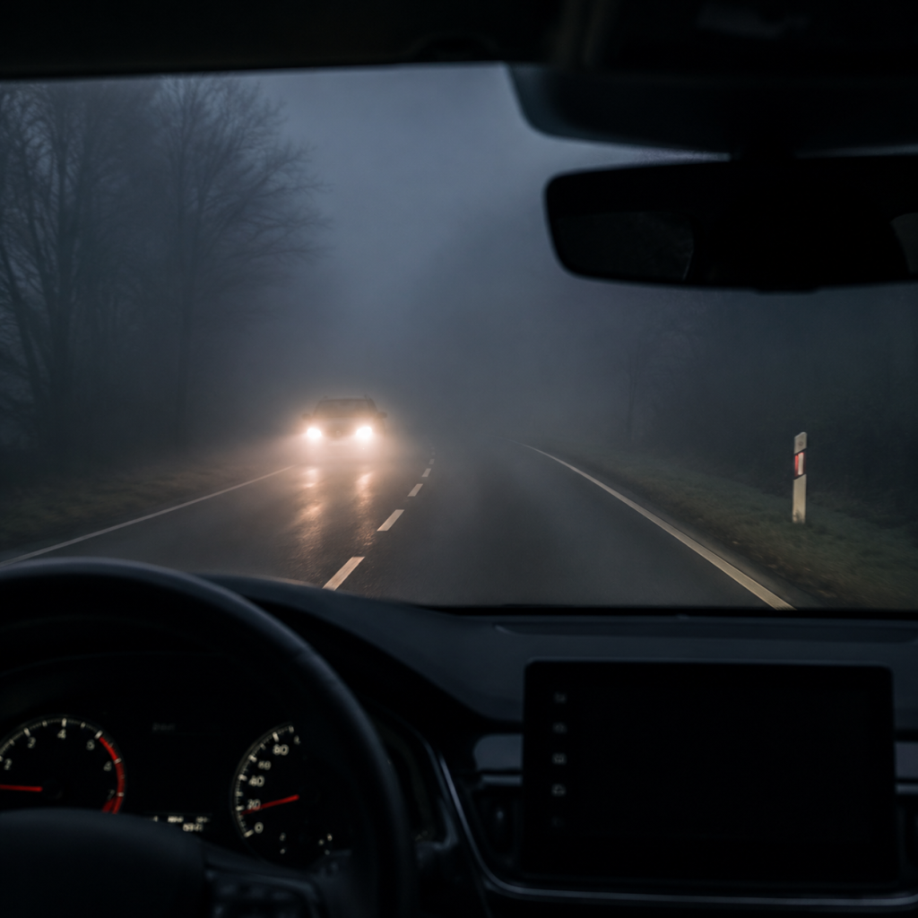 View from inside a car on a foggy road with oncoming headlights