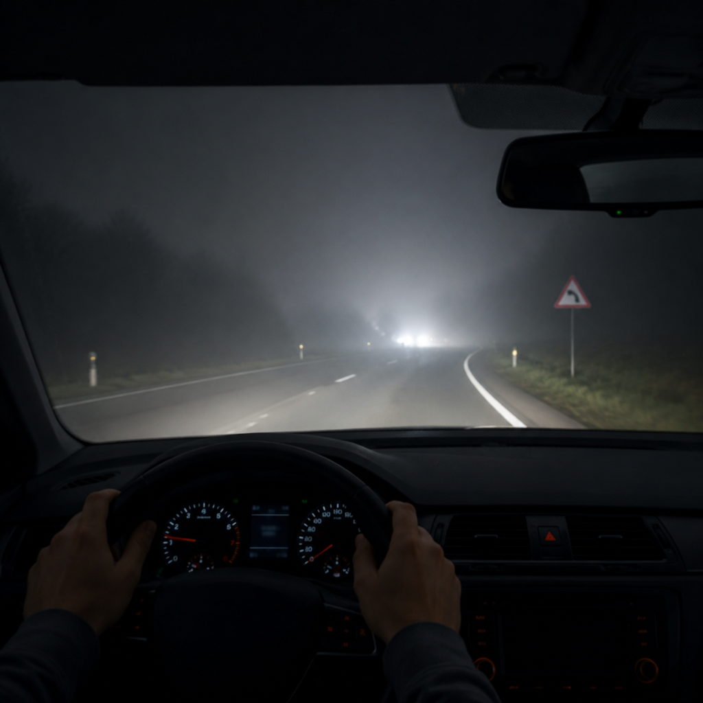 View from inside a car on a foggy road at night, with headlights lighting the way.