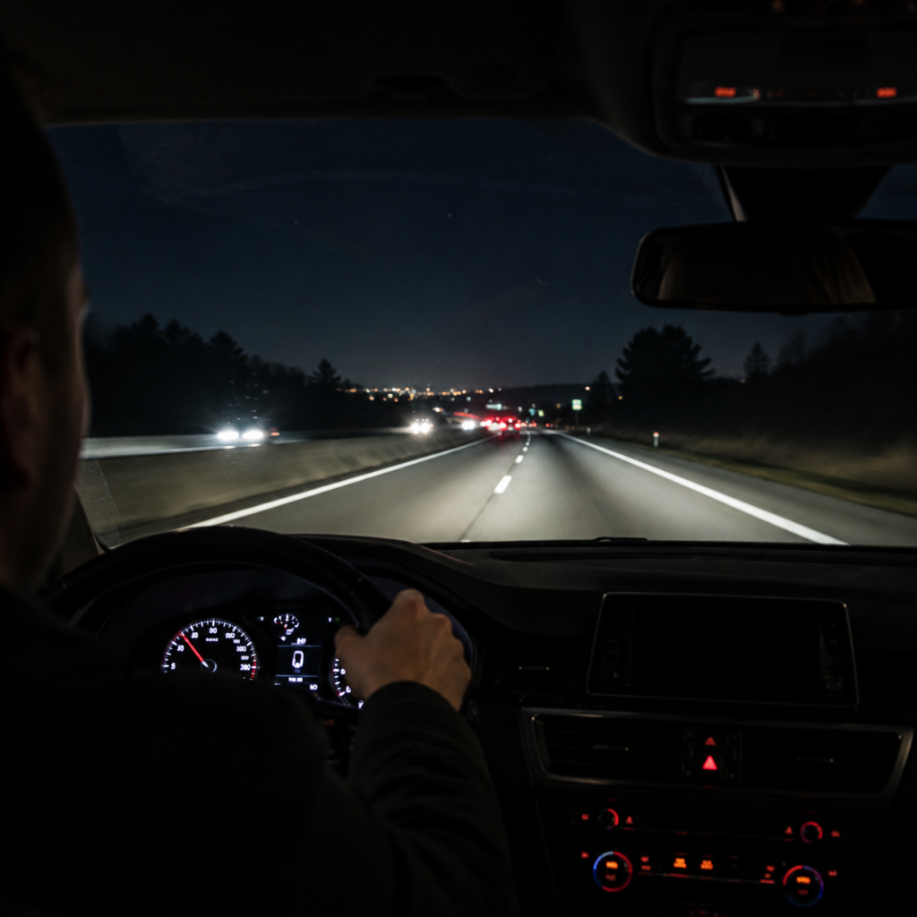 Driver view of a highway at night with an illuminated dashboard and road ahead
