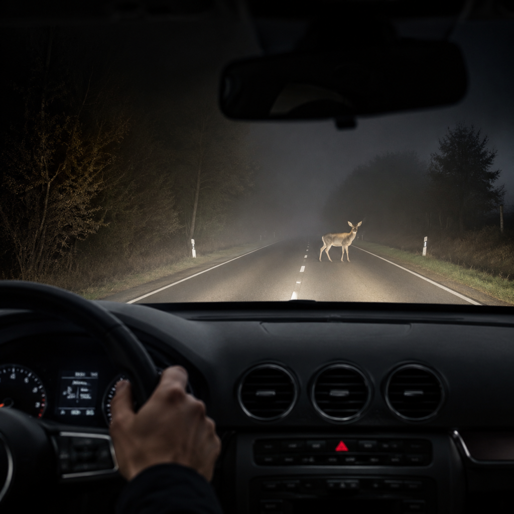 Deer crossing a dark road at night from inside a car, illustrating vehicle thermal night vision use.