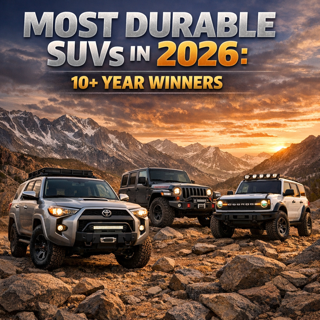 Durable SUVs parked in rugged mountain terrain, highlighting 10+ year reliability winners for 2026.