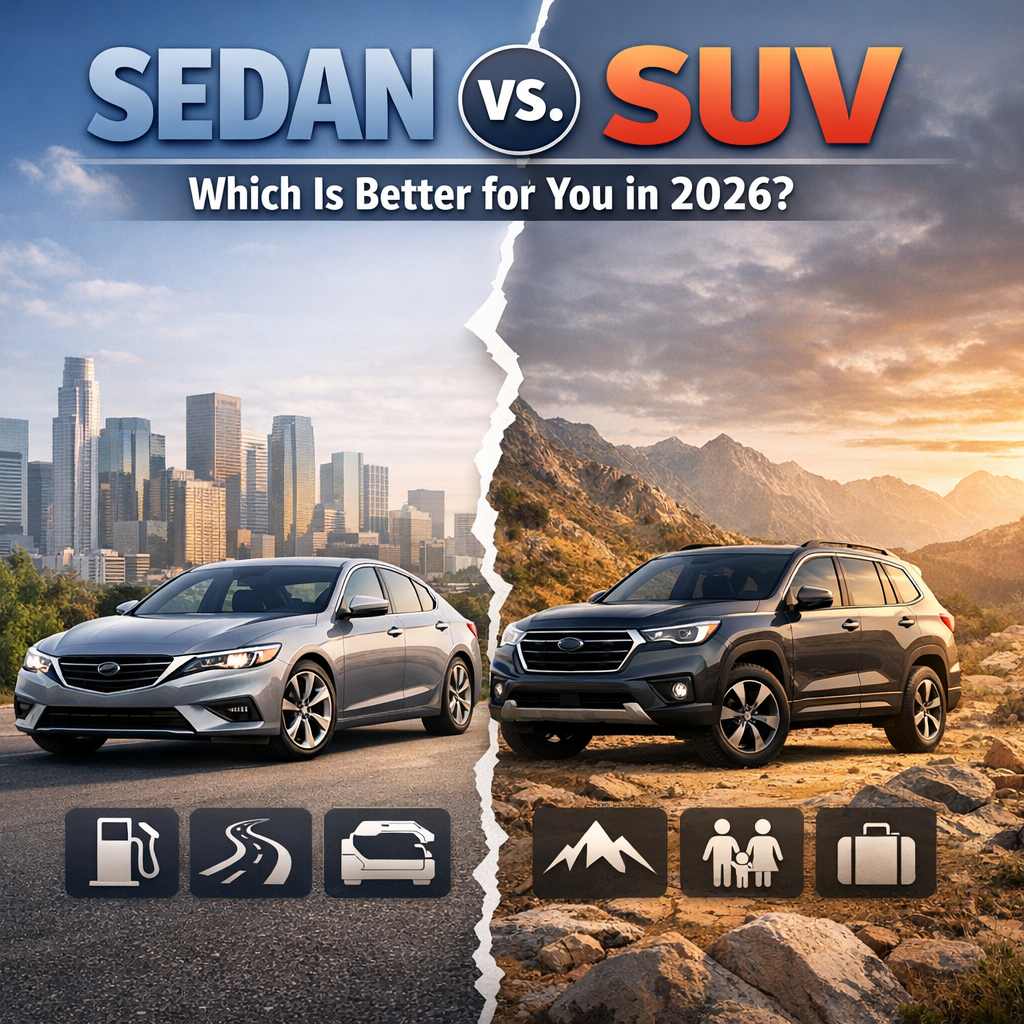 Sedan and SUV side-by-side comparison for 2026 car buyers, showing key differences and benefits