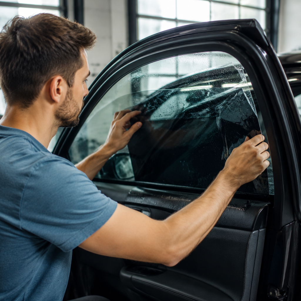 Man installing window tint film on a car door in a garage