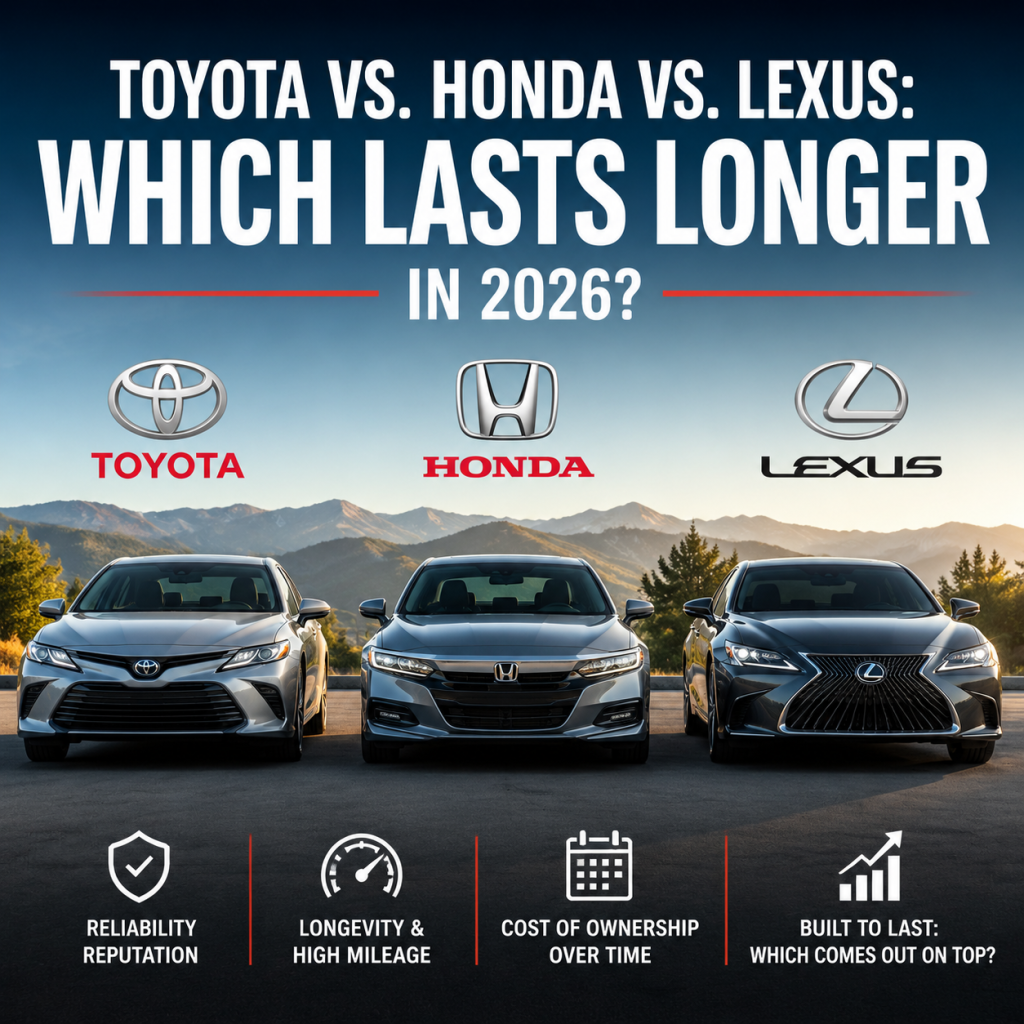 Toyota, Honda, and Lexus reliability comparison chart for 2026 durability and longevity