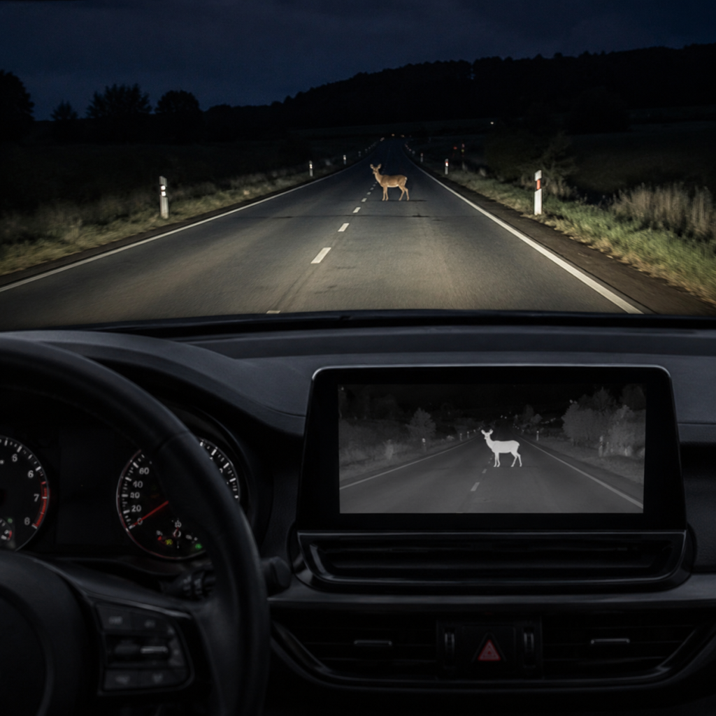 Car dashboard showing a thermal night vision alert of a deer crossing on a dark road