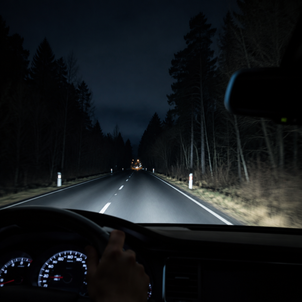Car headlights lighting a dark forest road at night