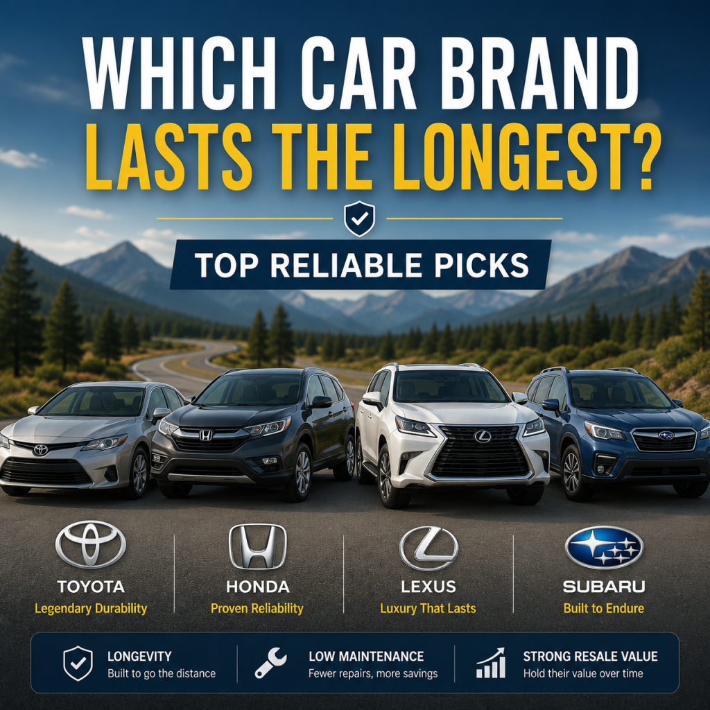 Toyota, Honda, Lexus, and Subaru logos with a chart on long-lasting, reliable car brands