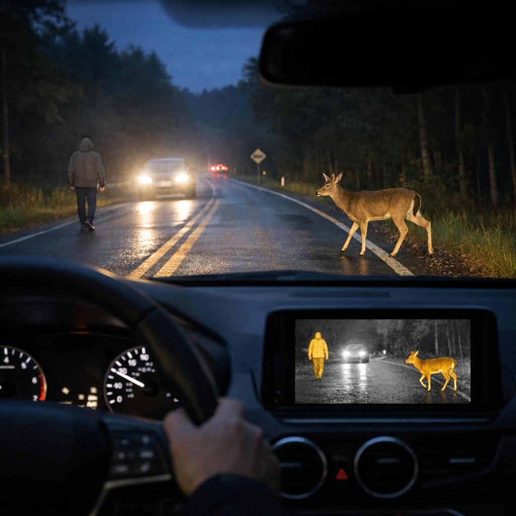 Driver using night vision technology to spot a pedestrian and deer on a dark road, improving night driving visibility
