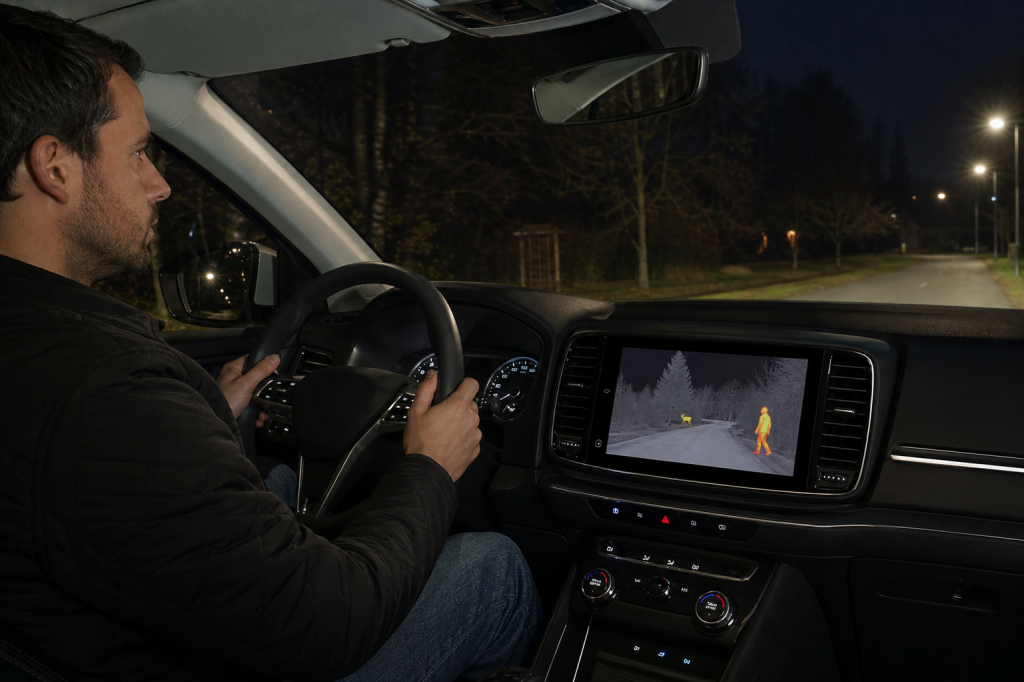 Driver using dashboard night vision display while driving at night