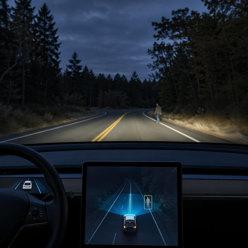 Night driving on a forest road with autonomous vehicle thermal imaging detecting a pedestrian