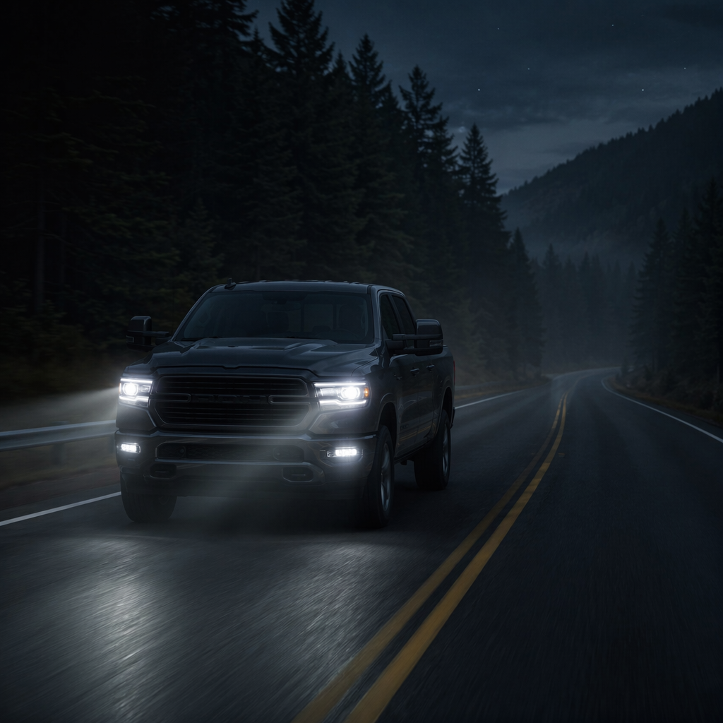 Black pickup truck driving on a dark forest road at night with headlights on