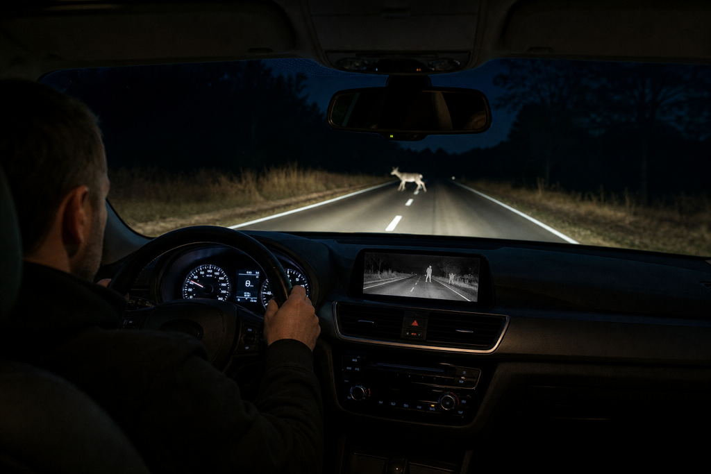 Automotive-grade thermal night vision display detecting a pedestrian on a dark road