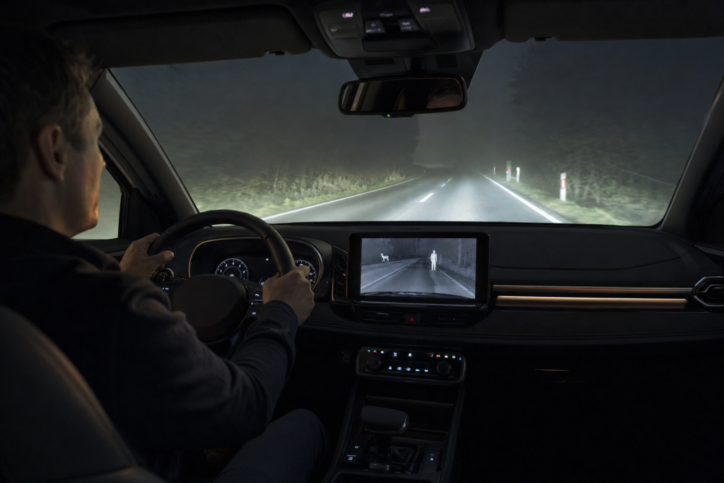 Automotive thermal night vision system display highlighting a pedestrian on a dark road