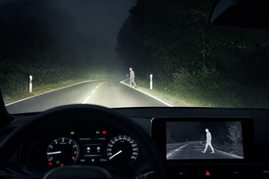 Car thermal night vision display detecting a pedestrian on a dark road in 2026