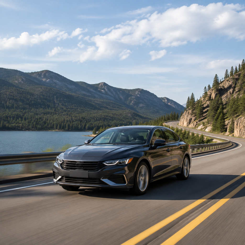 Modern sedan driving on an open highway, illustrating the best cars for highway driving in 2025