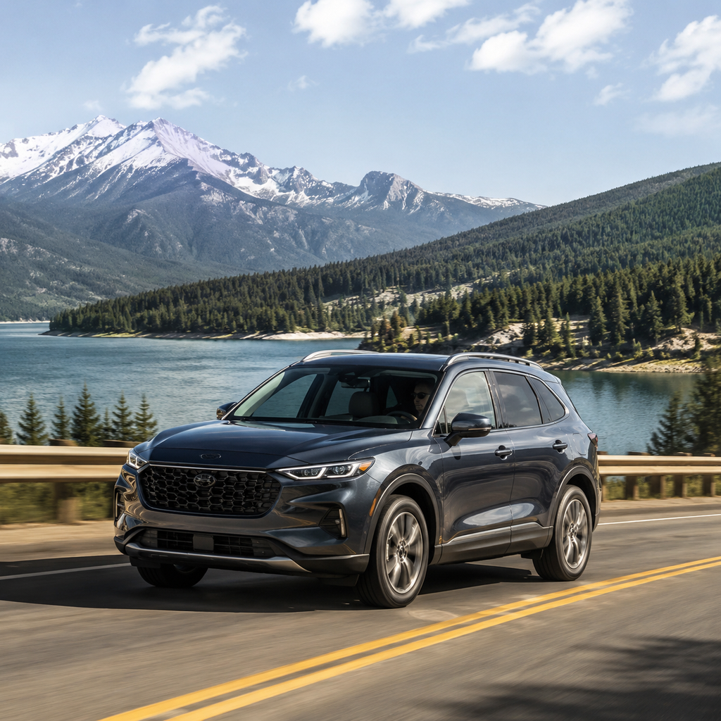 Comfortable, fuel-efficient car on a scenic highway during a long road trip