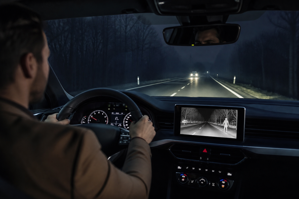 Car thermal night vision display showing a pedestrian ahead at night with pricing details