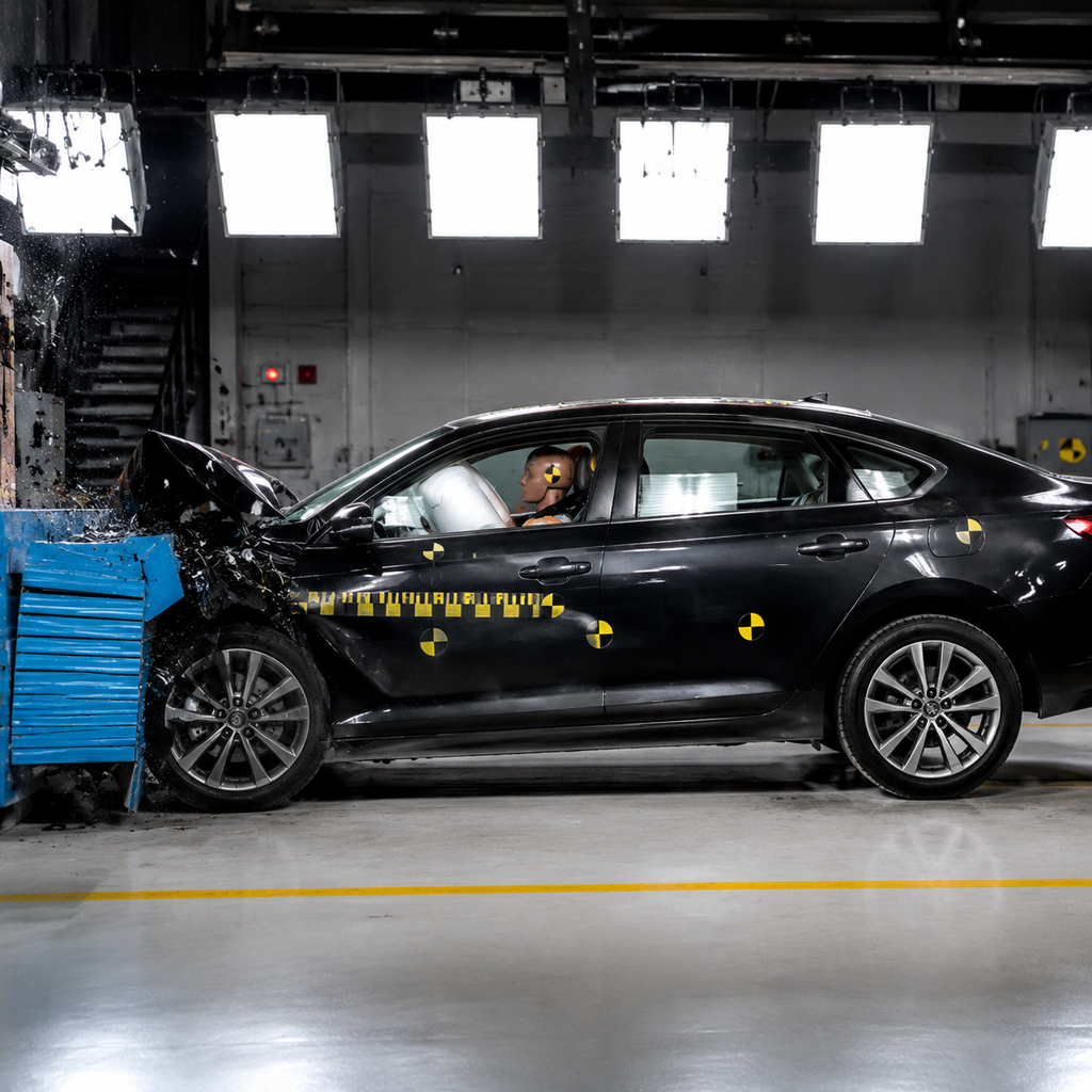 Car undergoing a controlled crash test to evaluate crash test results