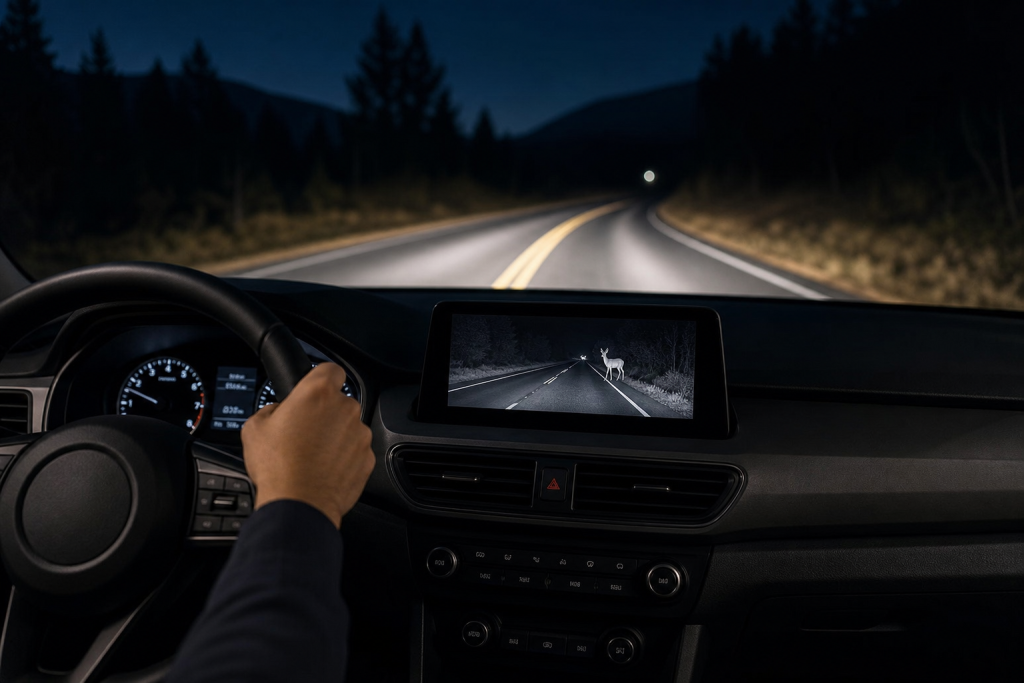 Car night vision display showing the road ahead in low-light conditions
