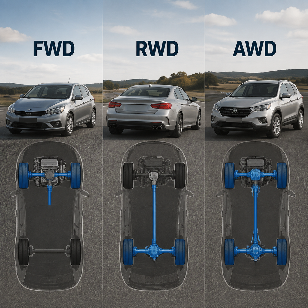 FWD vs RWD vs AWD drivetrain comparison showing different driven wheel layouts