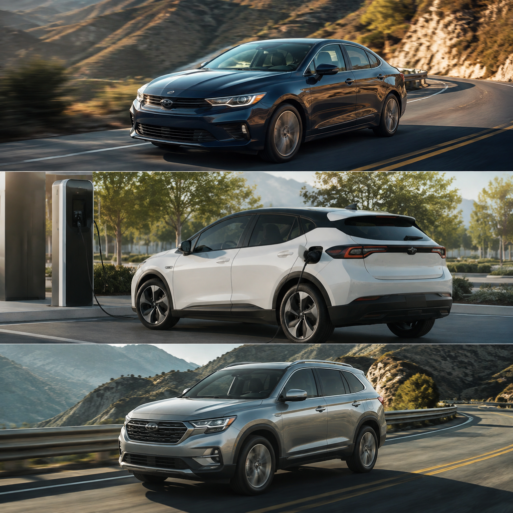 Gasoline, electric, and hybrid cars parked side by side for comparison