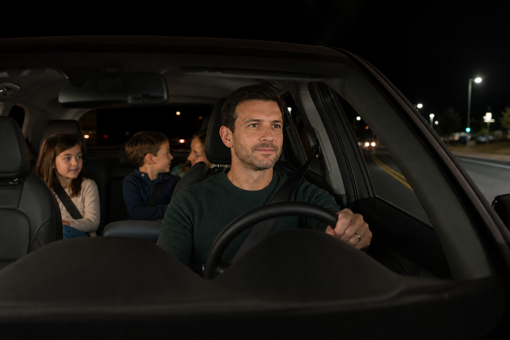Family car driving on a dark road at night with headlights illuminating the lane