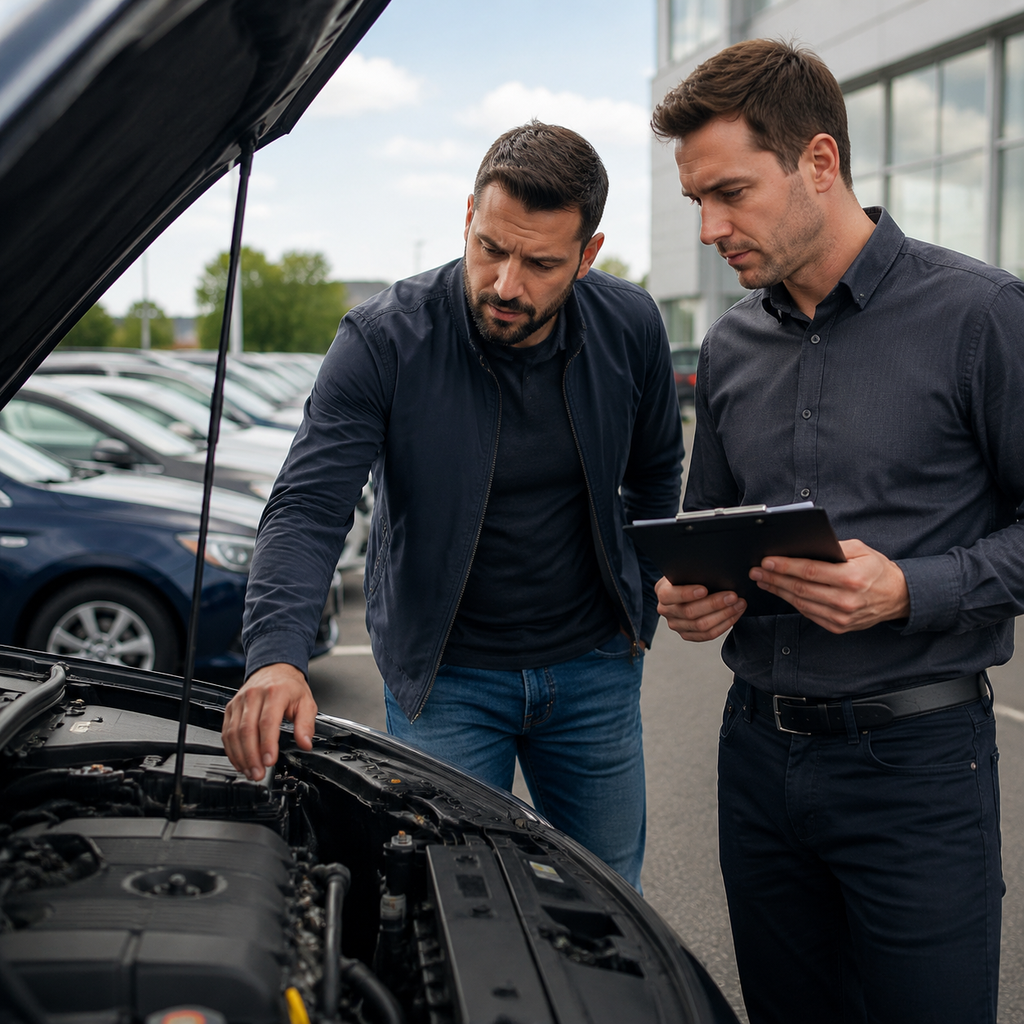 Buyer inspecting a used car with the seller before purchase