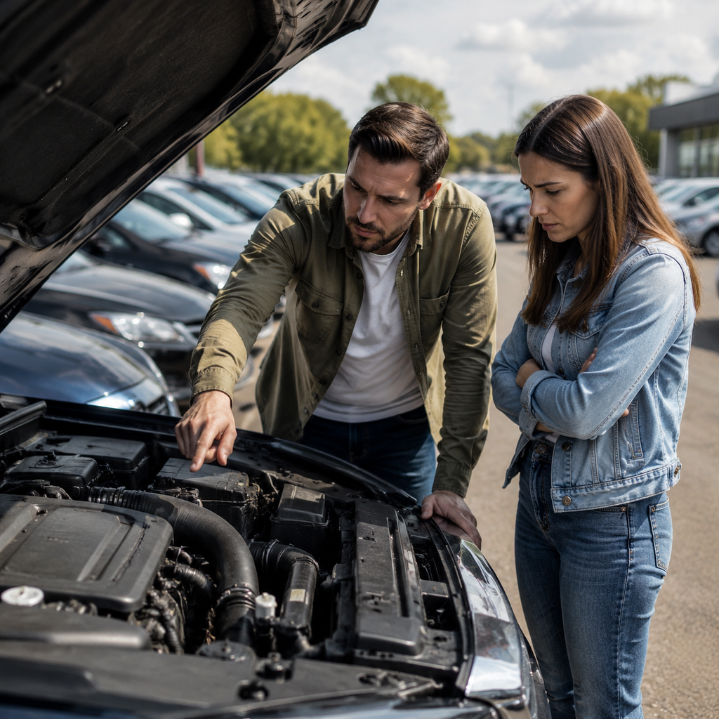 Buyer inspecting a used car with a checklist before purchase