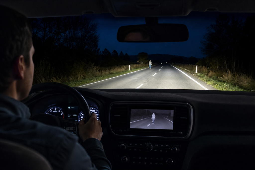 Driver reviewing an Automotive Night Vision Solution display in a car interior