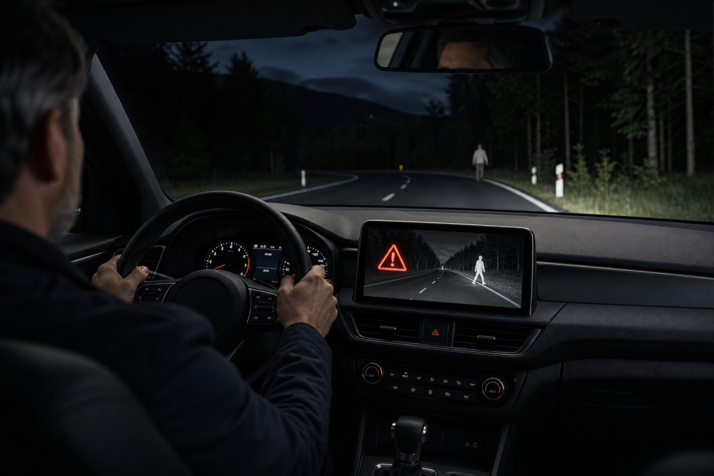 Car dashboard display showing night vision warnings for a pedestrian ahead
