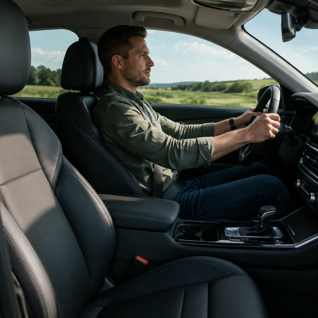 Driver testing car seat comfort for long drives