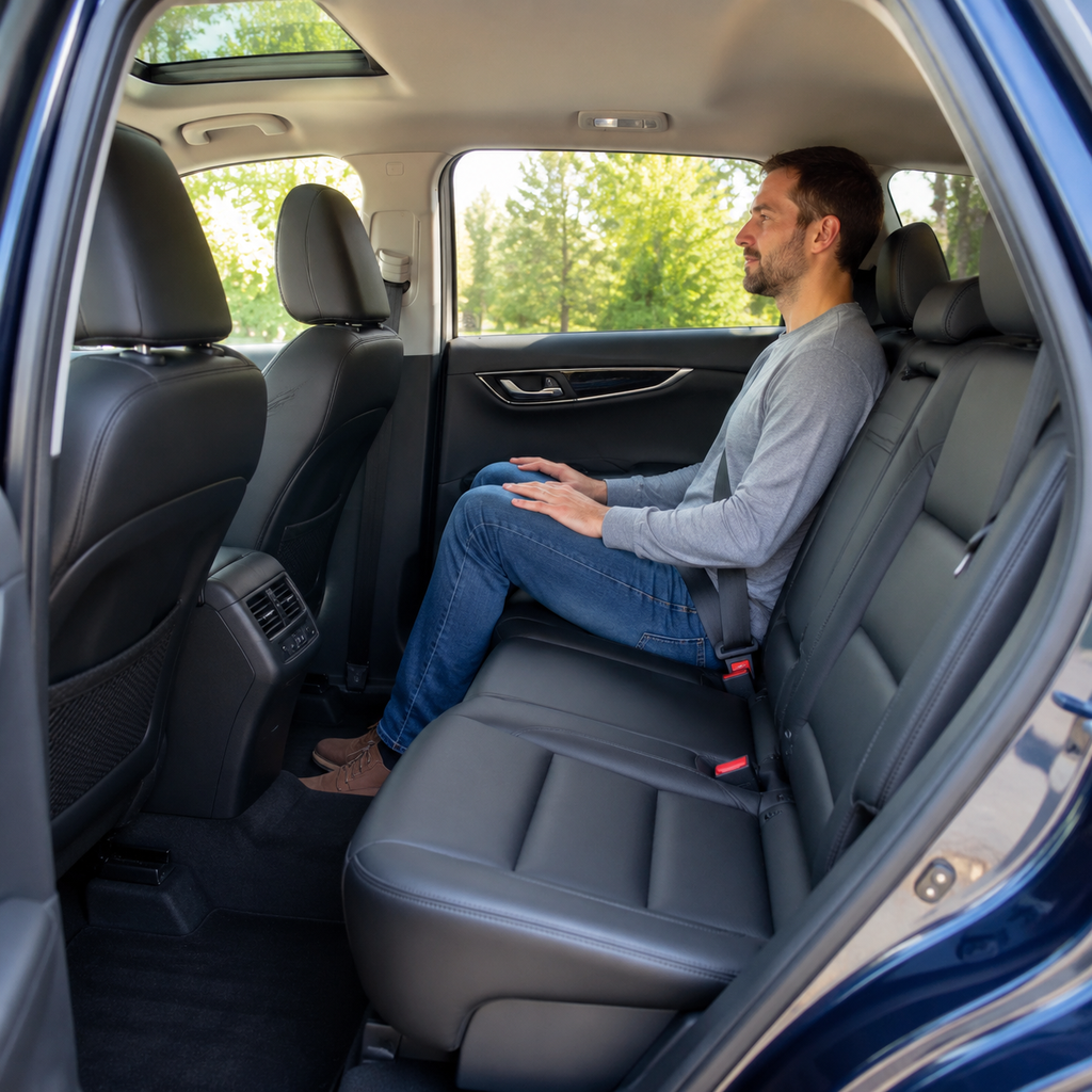Passenger sitting in a car to check interior space and legroom