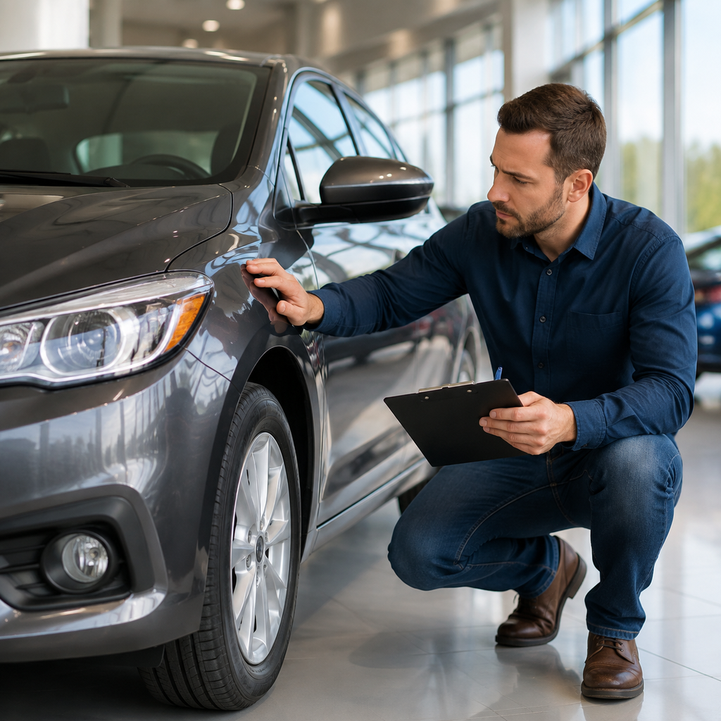 Buyer inspecting a used car to decide if it is worth buying